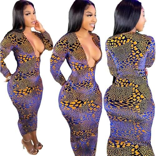 Womens Dress 2021 V Neck Long Sleeve Colorful Printed One Piece Dress Summer Party Sexy Beach Tight Skirt Wrap Design