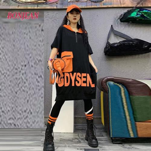Women Dress Oversized Punk Casual Loose Long Hoodies Autumn Winter Letter Sweatshirt Sweatshirt Dress Kroean Style Midi Pocket