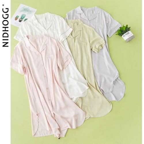 2020 Summer Female Solid Color Nightgown Short Viscose Satin Lapel Women Sleepwear Night Gown Sexy Sleeping Dress Sleepshirts