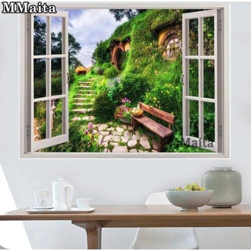 5D Diy Diamond Painting window view Cross Stitch full Square Diamond Embroidery Hobbit Village scenery picture room Decor GG5567