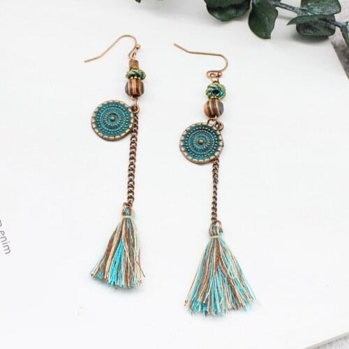 Bohemian Long Tassel Earrings Shield Coins Hanging Beads Wooden Beads Retro Earrings Female Charm Simple Jewelry