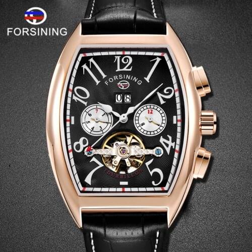 FORSINING Automatic Mens Watches Retro Tourbilion Watches Top Brand Luxury Black Clock Leather Strap Business Men Wristwatch