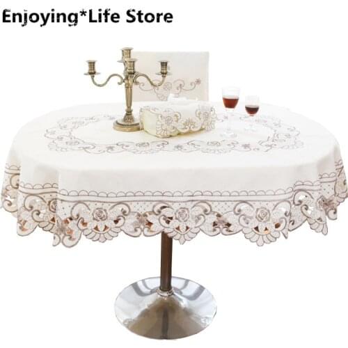 Europe Garden Table Cover Beige Floral Embroidered Wedding Table Cloth Rectangle/round/oval Decorative Tablecloths for Kitchen
