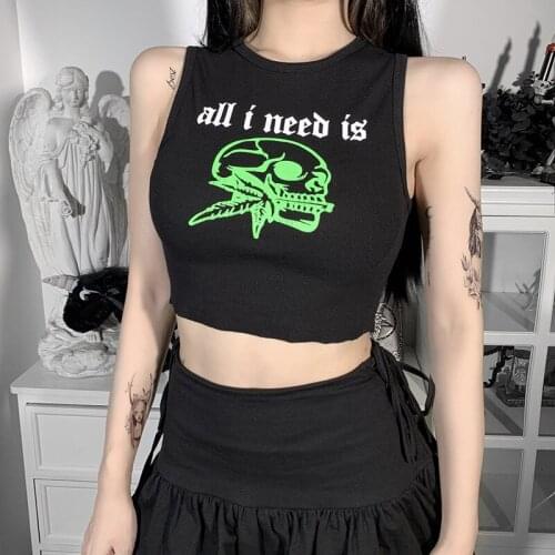Alt Dark Sexy Short Sleeveless T-shirt for Women Slim Chest Printed Skull Vest Cyber Y2k Fanshion Grunge Tops Mall Goth Clothes