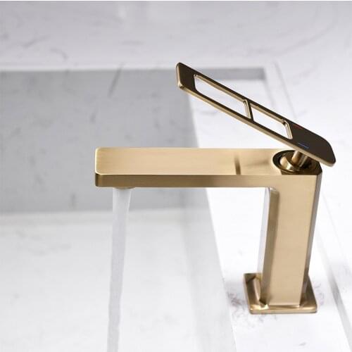 Brushed Gold Bathroom Basin Faucets Solid Brass Sink Mixer Water Tap Hot & Cold Single Handle Deck Mounted Lavatory Crane Vessel