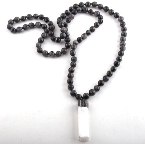 MOODPC Fashion Bohemian Tribal Jewelry 8mm Stone Knotted Long Druzy Pendant Necklace For Women Bead Necklaces