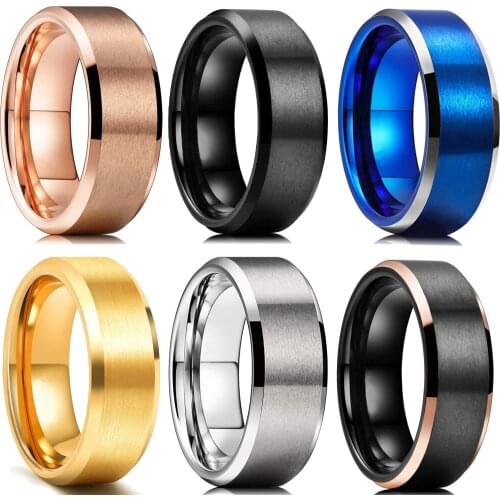 6 Colors Simple 8mm Men Tungsten Carbid Ring Gold Blue Black Matte Finish Beveled Polished Edge Engagement Ring Men Wedding Band