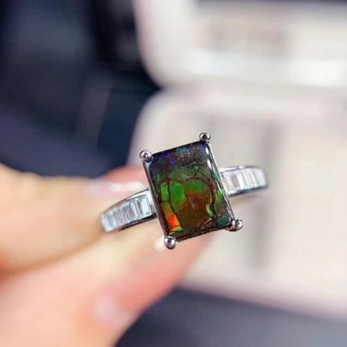 Newest Style Luxury100% Natural and real Ammolite ring F 925 sterling silver Fine gem Ammonite Ring