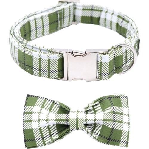 Green Plaid Cotton Fabric Dog Collar and Leash Set with Bow Tie for Big and Small Dog Metal Buckle Pet Accessories
