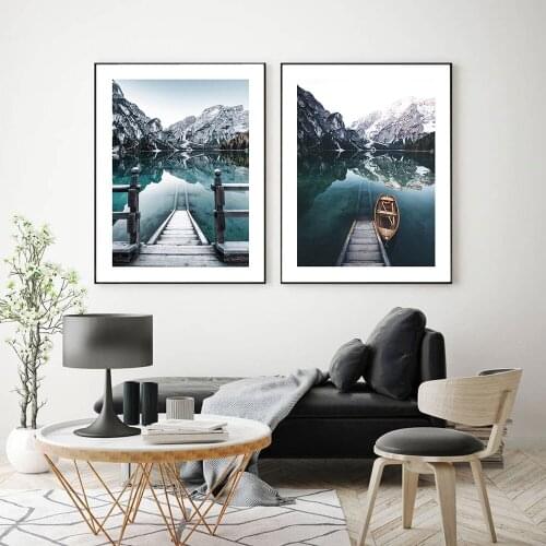 Nordic Travel Poster Boat Lake Canvas Painting Lago Di Braies Art Print Modern Landscape Wall Picture For Living Room Home Decor