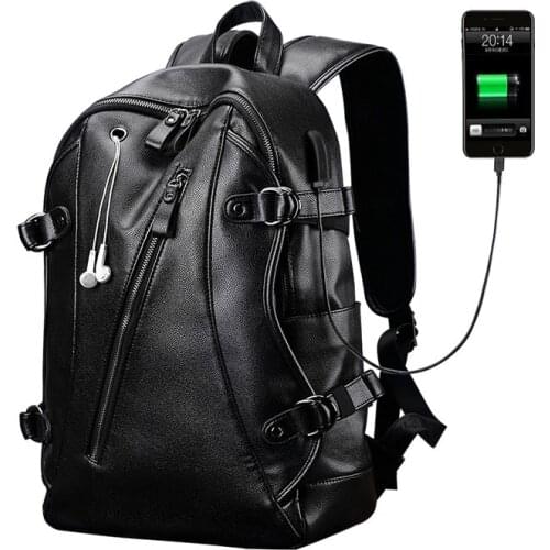 PU Leather Backpack Men USB Charging Waterproof Casual Backpacks Laptop Fashion Travel Bag Casual School Bag leather bookbag