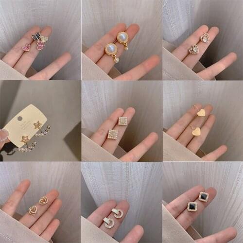 Rhinestone Stud Earring Heart-Shaped Square Inlaid Earrings Round Pearl Petals Ear Studs Women Earrings Girl Gifts For Friends