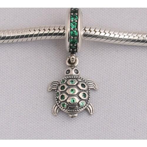 Authentic 925 Sterling Silver DIY Jewelry Cute Green Turtle Dangle Charm for Women Bracelet Bangle Pendant Bead