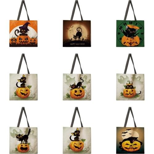 Halloween cat print tote bag shoulder bag linen fabric casual tote bag foldable shopping bag reusable beach bag