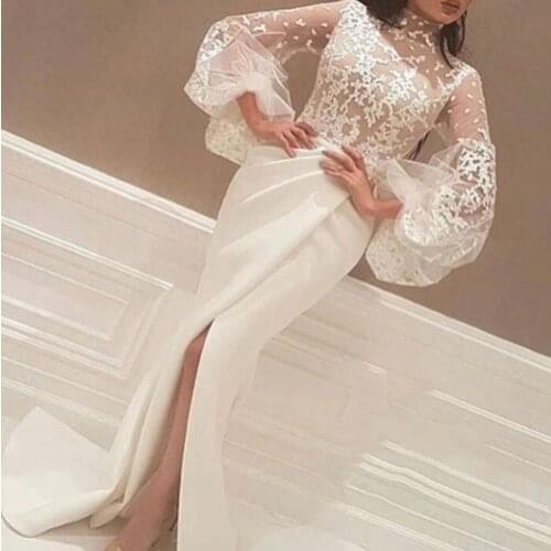 Evening Dresses Charming Arabic High Collar Illusion Lace Appliques White Mermaid Long Sleeves Formal Party Dress Prom Gowns