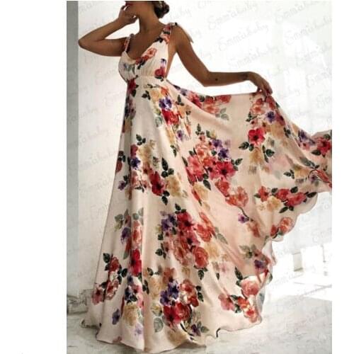Women High Waisted Dresses Summer Beach Sundress Loose Sleeveless Floral Backless Women Boho Long Maxi Dress Ladies Party