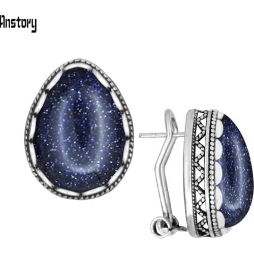 Vintage Drop Sequins Blue Stone Stud Earrings For Women Stainless Steel Stud Pin Push Back Antique Silver Plated Earrings