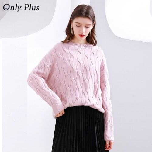 ONLY PLUS Casual Loose Pink Twist Solid Sweater Women Winter O-Neck Pullovers Oversized Female Knitwear Tops New 2021