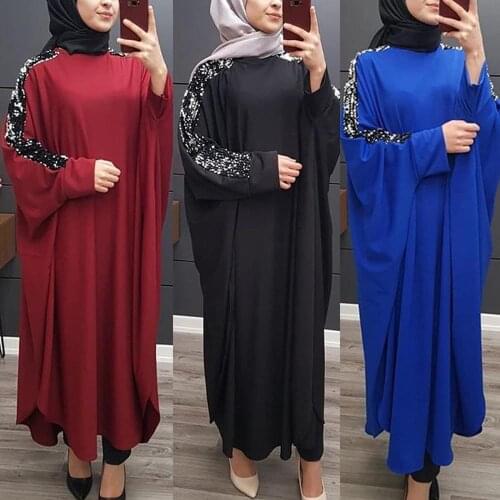 Women Sequins Abaya Batwing Sleeve Farasha Dress Arab Jilbab Full Length Maxi Dress Kaftan Muslim Loose Plain Robe Islamic Gown
