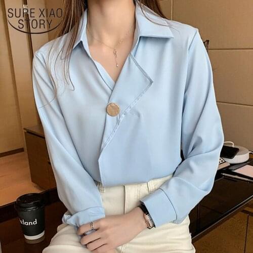White Tops and Blouses Chic Woman Shirt V-neck Chiffon Blouse 2021 Autumn Long Sleeve Cardigan Chemisier Korean Clothes 10684