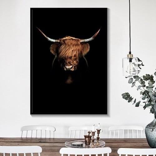 Black and White Highland Cow Wall Art Abstract Canvas Painting Minimalism Shaggy Yak Cow Prints Animal Printable Bull Poster