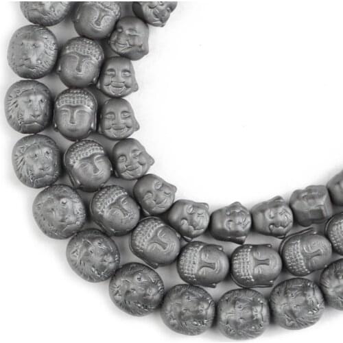 HGKLBB Black Hematite Matte Carving Lion Buddha Maitreya Natural Stone Spacer beads For Jewelry making bracelet DIY Accessories