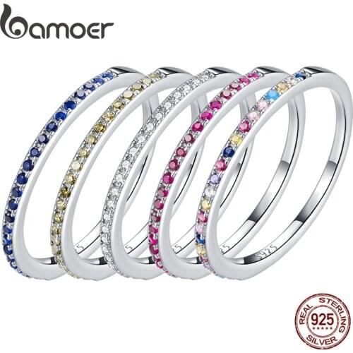BAMOER 2021 New 925 Sterling Silver Platinum plated tarnish resistant stackable extreme comfort hypoallergenic rings
