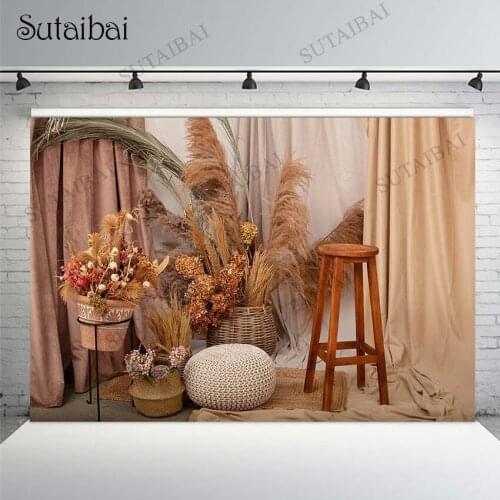 Brown Curtains Photography Backdrops Reed Plants Dried Flowers Basket Baby Background Flower Arrangement Art Photocall Studio