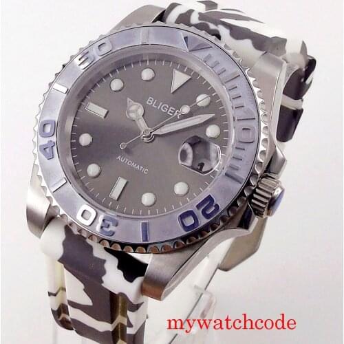 40mm Bliger Grey Mechanical Automatic Men Watch Sapphire Crystal Red Dial NH35 MIYOTA 8215 Rubber Strap