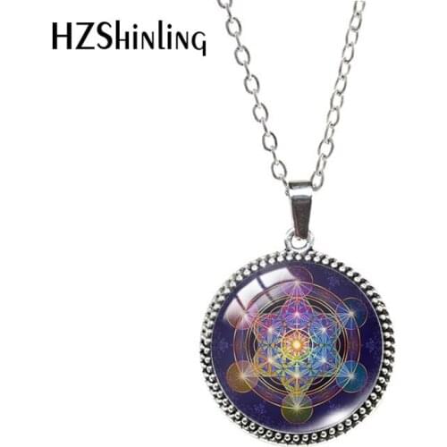 Metatron Cube Sacred Geometry Glass Cabochon Round Antique Necklace Handmade Jewelry