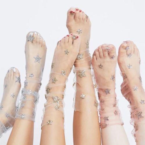 Hot Sale Ladies Thin Soft Shiny Stars Moon Socks Girl Glitter Stars Mesh Socks Women Pregnant Transparent Sheer Ankle Socks