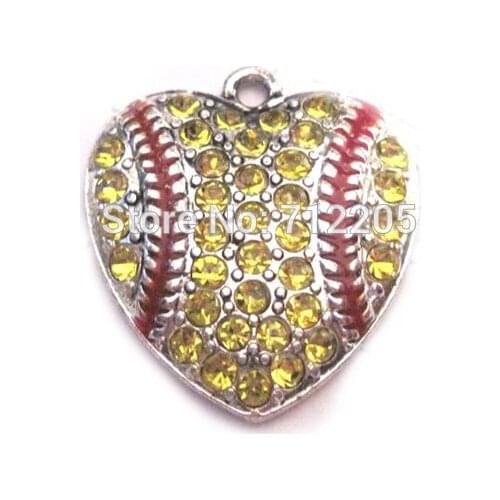 New fashion 30pcs a lot rhodium plated zinc with sparkling Yellow crystals Baseball Heart sports Pendant