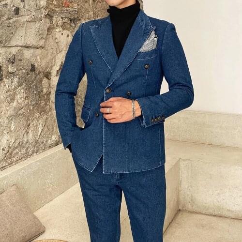 New Arrival Men Suit Denim Peak Lapel Denim Casual Tuxedo 2 Piece(Jacket+Pant)Custom Made