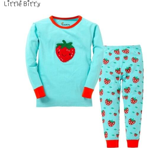 New Cotton Girls Pajamas Children Strawberry Cartoon Blue Pajama Sets Children 2pc Nightwear Girls Christmas Pajamas Pijama Kid