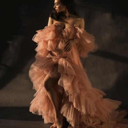 Orange Prom Dresses Ruffled Lace Maternity Gown for Photoshoot Boudoir Lingerie Tulle Robe Bathrobe Nightwear Babydoll Robes