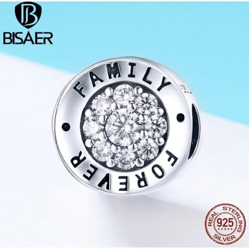 BISAER 925 Sterling Silver Charm Forever Family Forever Charm CZ Beads fit Bracelets Silver 925 DIY Jewelry Making Gift ECC814