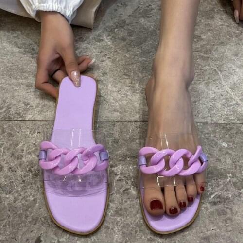 Womens New Summer Slippers Sandals Female Sexy Chain Transparent Outdoor Ladies Flat Large Size Casual Beach Multi-color Slides
