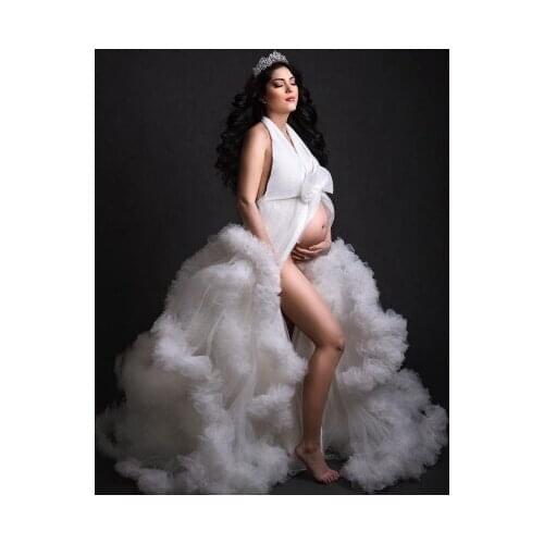 Custom Made Extra Puffy Tulle Maternity Gown Halter Long Length Sleeveless Bow Waistband Ruffles Fluffy Ruffles Front Open
