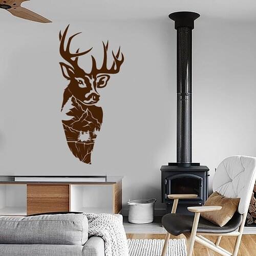 Deer Head Vinyl Wall Decal Living Room Mountain Landscape Forest Animal Wall Stickers For Bedroom Office Room Decoration W366