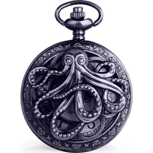 Vintage Octopus Hollow Half Quartz Pocket Watch Pendant Gift With Chain Pocket Watches Fob Chain Watch Gift Boys Men Wholsale