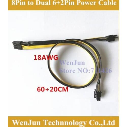 High quality 8pin male to dual PCI-E PCI Express 8p ( 6+2 pin ) Male power cable 18AWG wire for graphics card 60+20cm 10pcs/lot