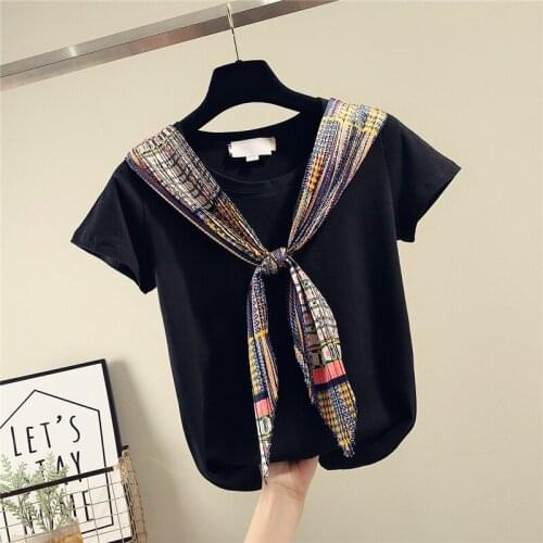 Silk Scarves Stitching Lace-up Cotton Short Sleeve T-shirt Tshirt Women 2020 Spring Summer New Loose T-shirts Female Tee Tops