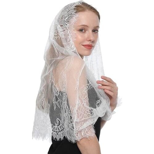 Tassel Shawls White Womens Mantilla Lace Catholic Veil Medium Length Female Ladies veil Tassel Shawls for Church Shawl 2021