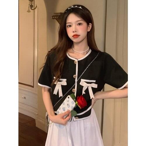 Women Shirts Retro Short-sleeved Sweater Ladies Summer New Design Sense Niche Style Cardigan Blouse