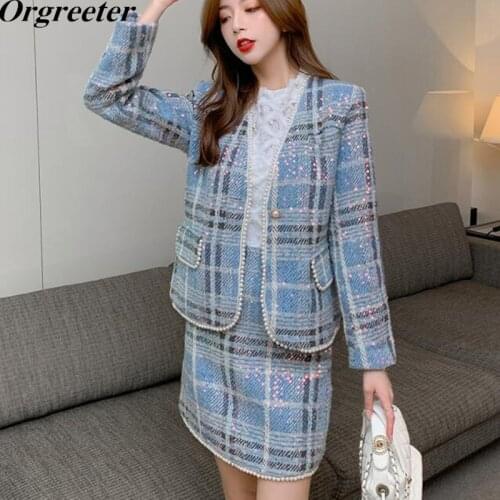 High Quality Fall Winter Blue Plaid Tweed 3 Piece Set Women Beaded Trim Woolen Coat + Tassel Shirt +Bodycon Mini Skirt Sets