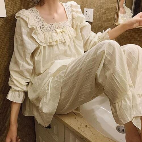 Lolita Vintage Style Female Pajama Suits Flower Embroidery Lace Women Lady Girls Lace Pyjamas Set Sleep Loungewear Nightclothes