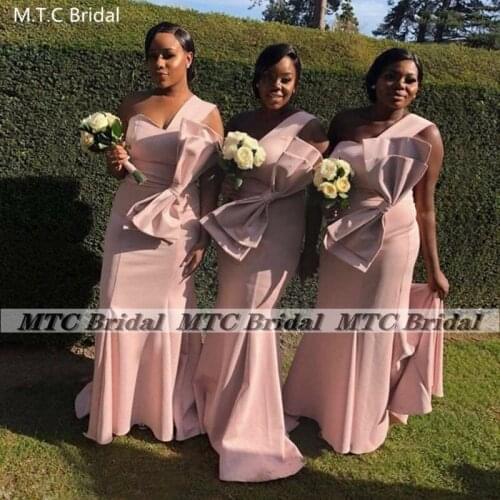 One Shoulder Mermaid Pink Bridesmaid Dresses With Big Bow 2021 Wholesale Black Women Wedding Party Gowns For Maids Of Honor
