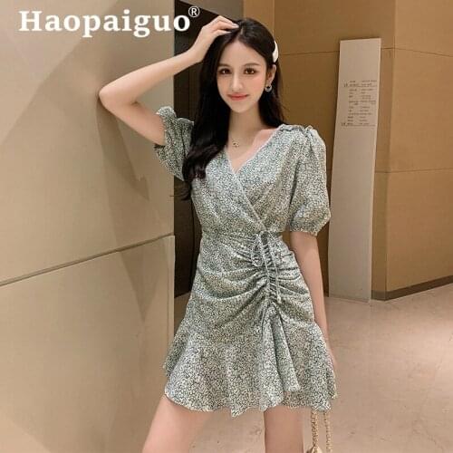 Summer Print Floral Dress Women Short Sleeve Pleated Drawstring Ruffles Mini Dress Women Corset Korean Dress Robe Ete 2019 Femme