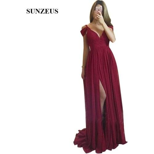 Vestido Gasa Largo 2020 Summer Burgundy Chiffon Bridesmaid Dresses Long Party Gowns Empire V-neck Side Slit Prom Dress gala jurk