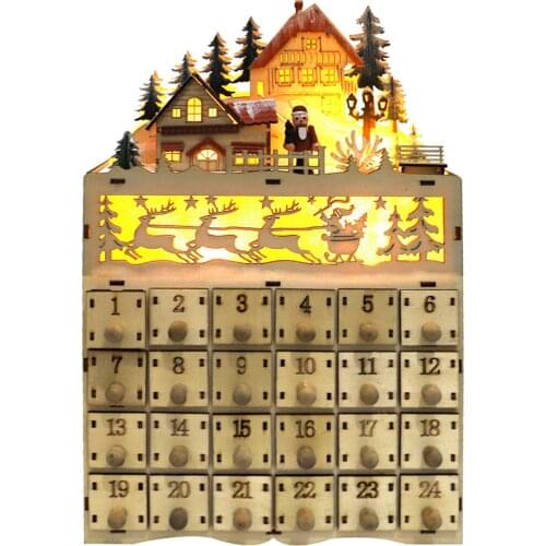 Wooden Christmas Advent Calendar Classic Snow Scene Elderly Calendar Cabinet Countdown Ornaments LED Light Home Decor Right